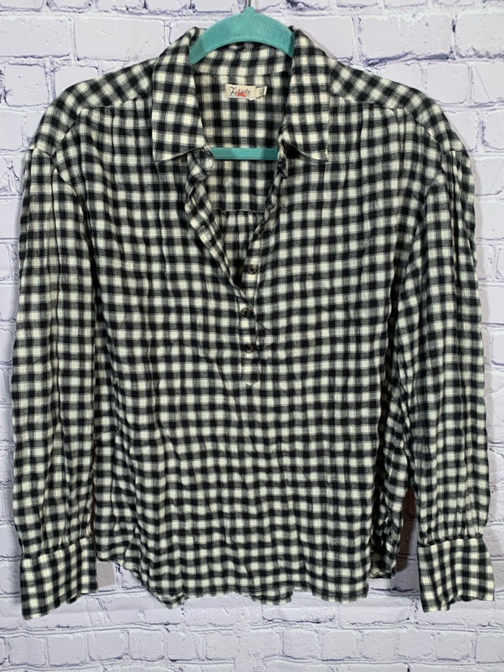 Faherty Womens Popover Gingham Plaid Shirt Black White Size S Casual Organic